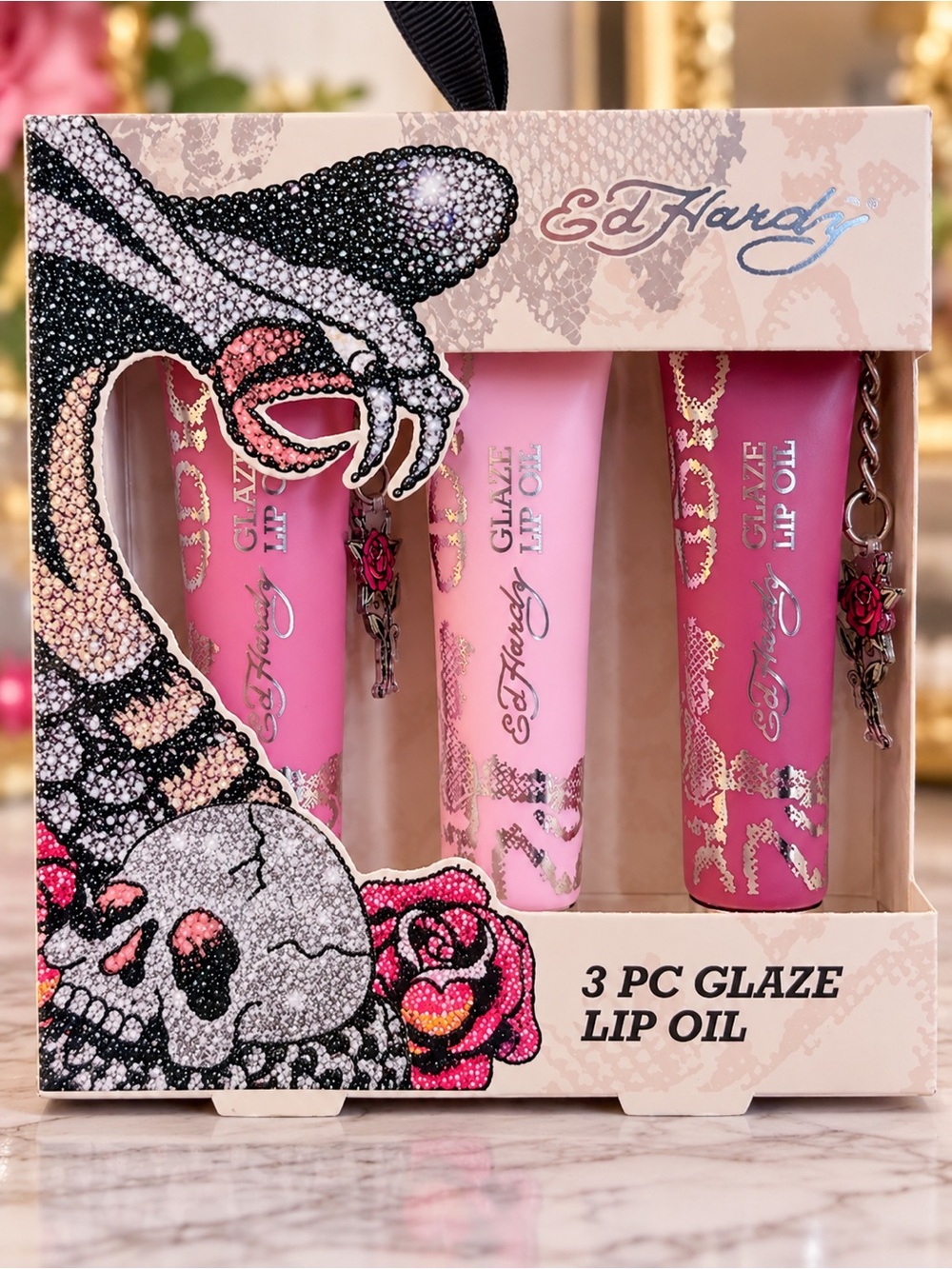 Ed Hardy Pink Rose Glaze Lip Oil 3 Piece Set Y2K Tattoo Beauty NIB Giftable